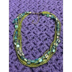 Green Blue Glass Seed Bead Dyed Shell Multi Strand Necklace 16 - 18 inches Long